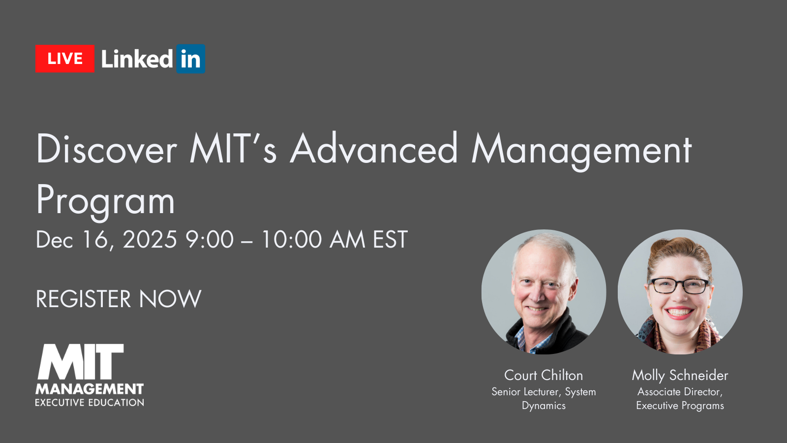 event image with title of LinkedIn live, date, time, register now, and headshots of speakers