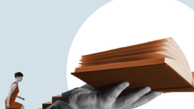 hand with book and person going up stairs