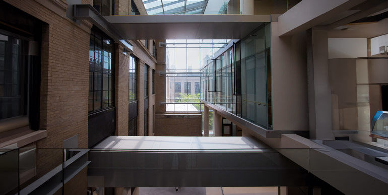 Interior view of a modern MIT building with large glass windows, skybridge, and natural lighting.