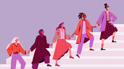 An illustration of women holding hands while going up a hill