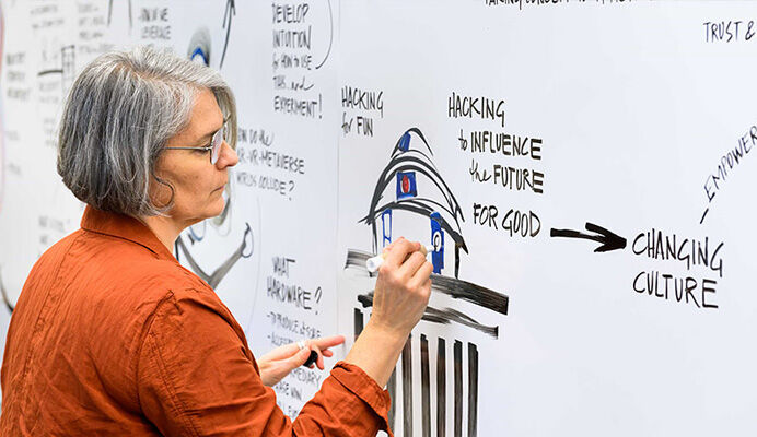 Faculty drawing visual notes and sketches on a whiteboard wall during an interactive session.