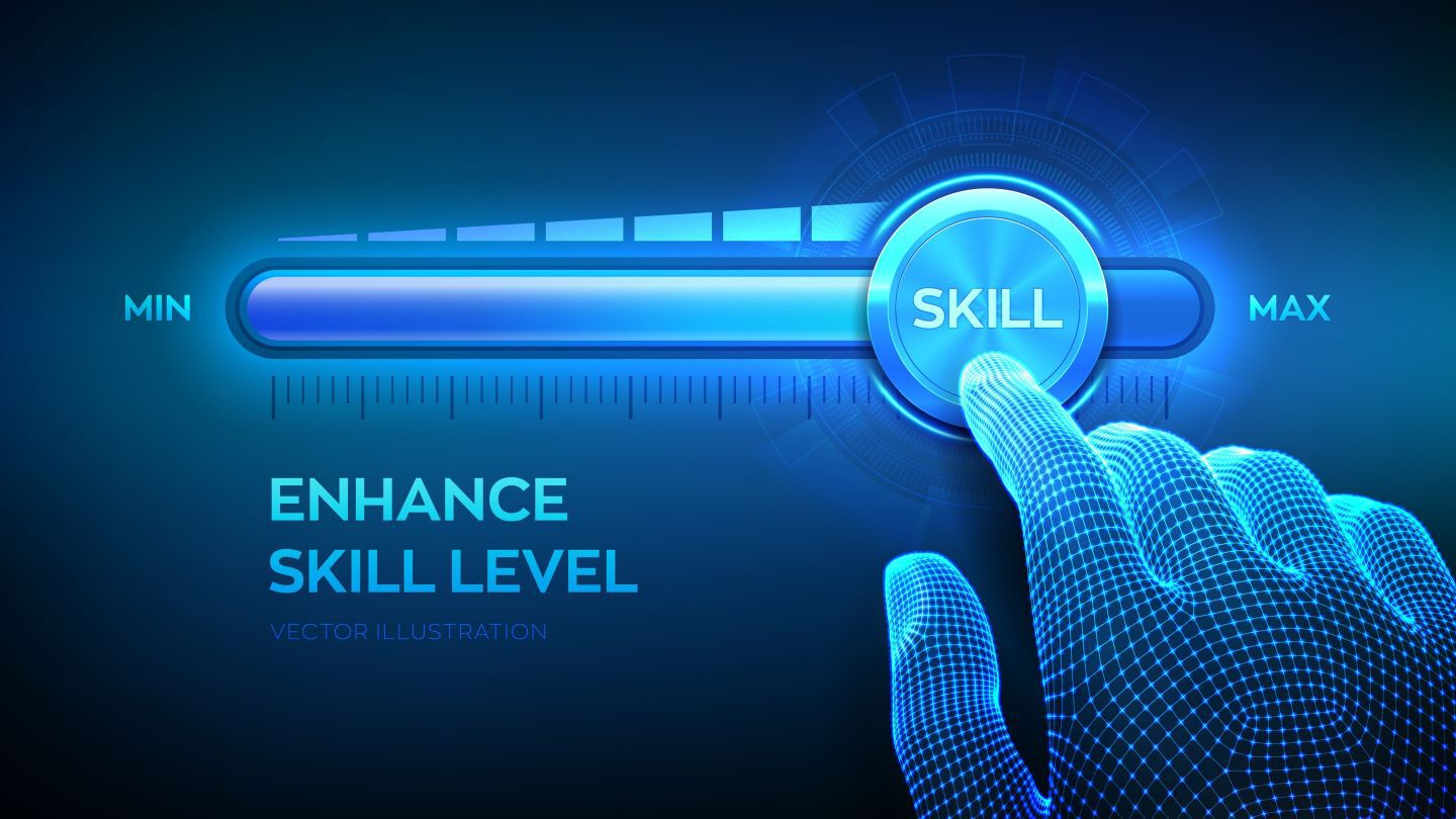 AI button with "skill" written and a hand pushing the button