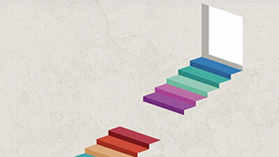 rainbow steps heading to a door