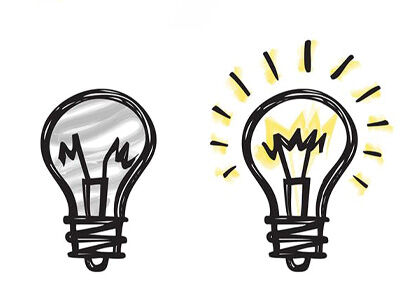 two illustrated light bulbs one off and one one