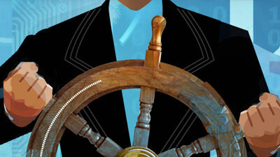 illustration of a business person at a ship's wheel 