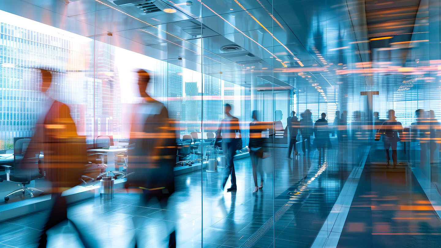 business environment, people walking fast with a blue tone 