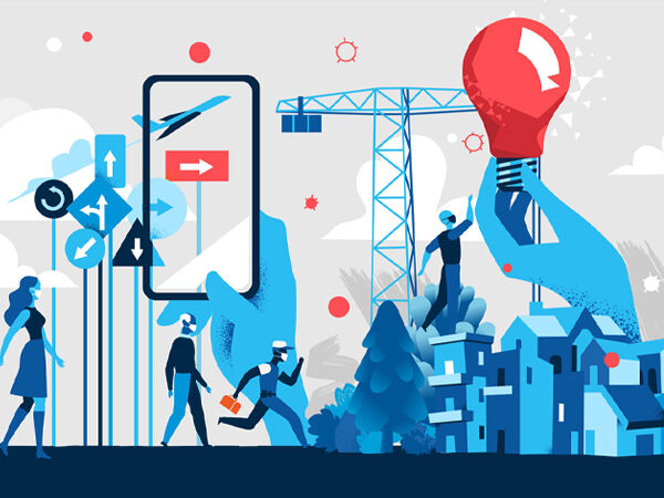illustration with people, houses, and abstract images