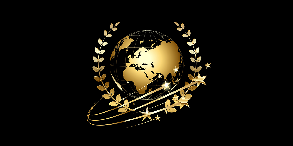 Gold illustration of globe surrounded by laurel