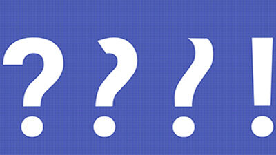white question mark transforming into exclamation mark against a blue background