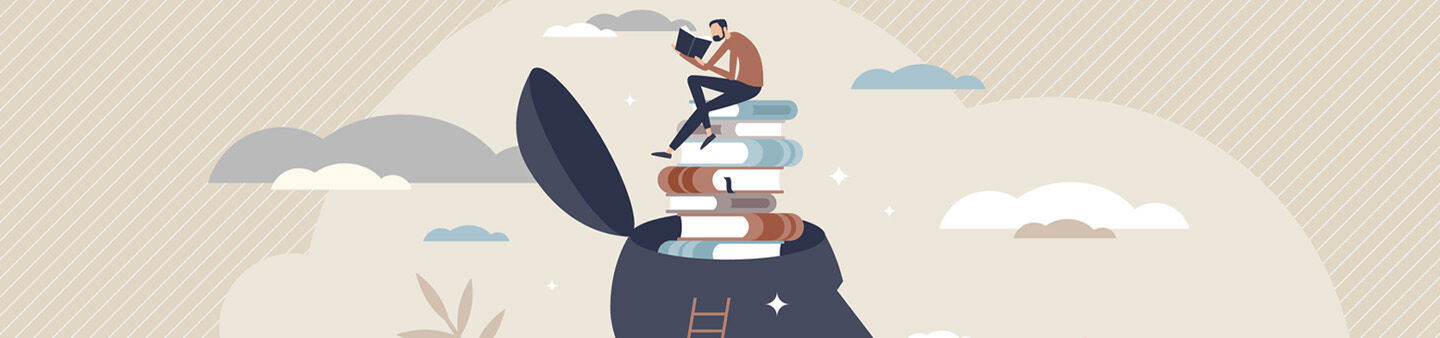 head with books and person reading