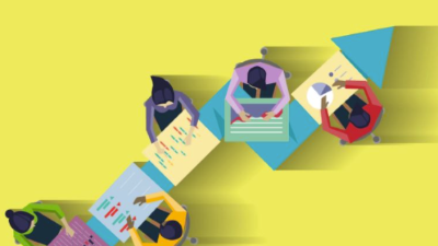 illustration of a table in the shape of an arrow with people working around it