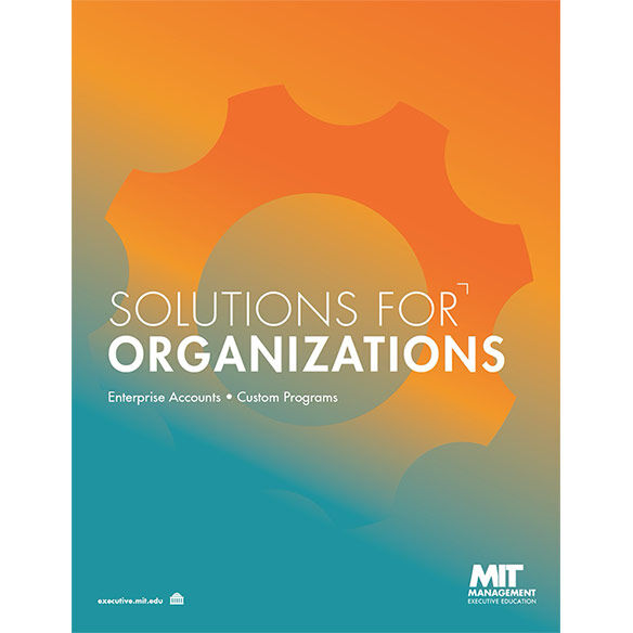 MIT Sloan brochure cover with orange and teal gradient background titled ‘Solutions for Organizations.’