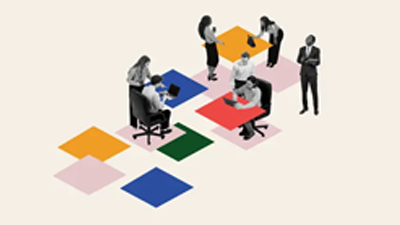 illustration of workers at desks interacting 