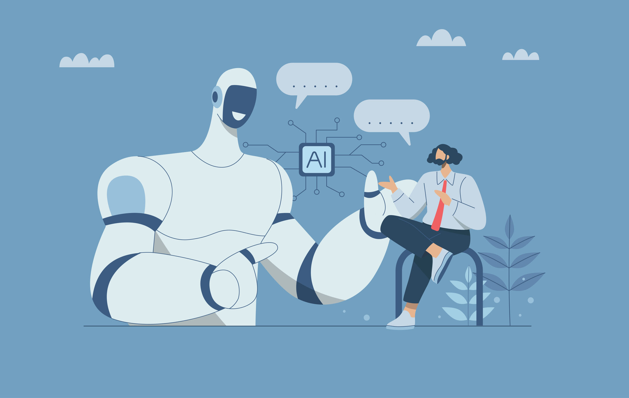 Illustration of a man in a chair negotiating with a robot