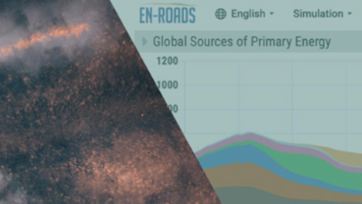 split image: on the left, a photo of wild fires from above; on the right, a screenshot of a website with a graph on global sources of primary energy