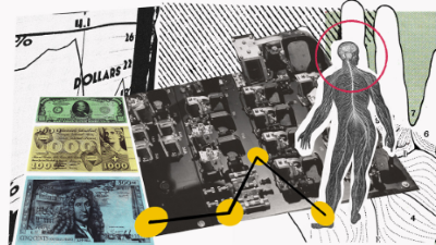 illustration with dollar bills, human, office, graphs