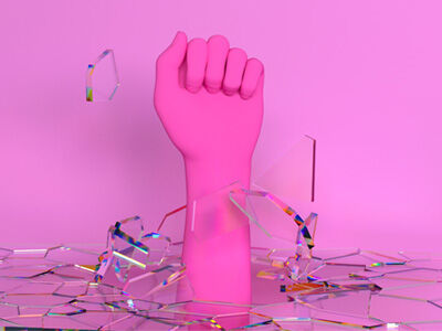 pink fist breaking through glass