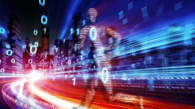 robot running surrounded by binary numbers and a city in the background