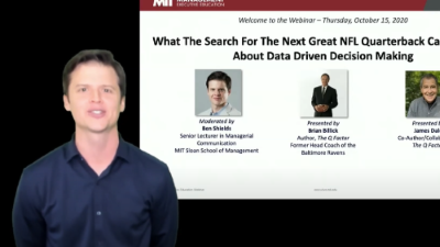 video still of Ben Shields with webinar title slide: What the Search for the Next Great NFL Quarterback Can Teach Us About Data-Driven Decision Making