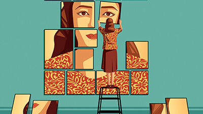 illustration of a woman putting together a collage photo of herself