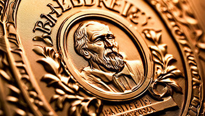 Close-up image of a raised gold Nobel Prize medal featuring a relief portrait and engraved details.