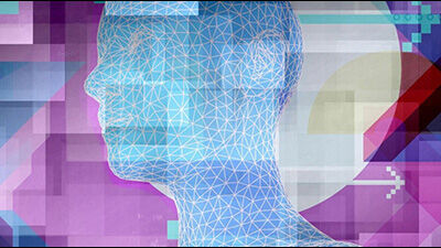 illustration of a blue digital face against abstract background of purple