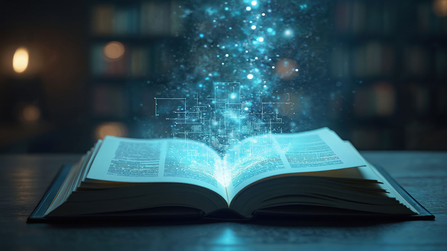 photo of a open book with Digital data stream of knowledge and infomation