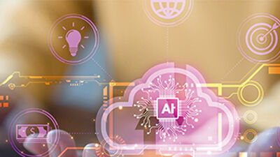 illustration of a hand holding a pink AI cloud in palm