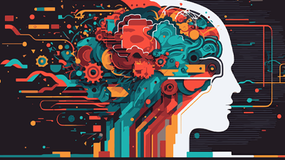 illustration of head with abstract multicolored images coming out of it