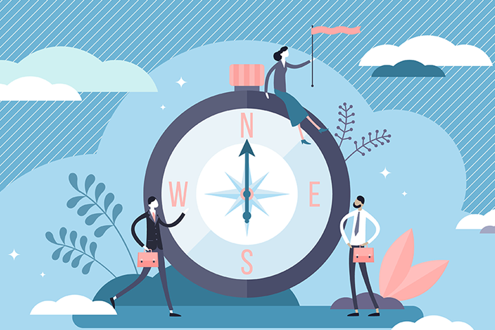 illustration of a compass with various people around it 
