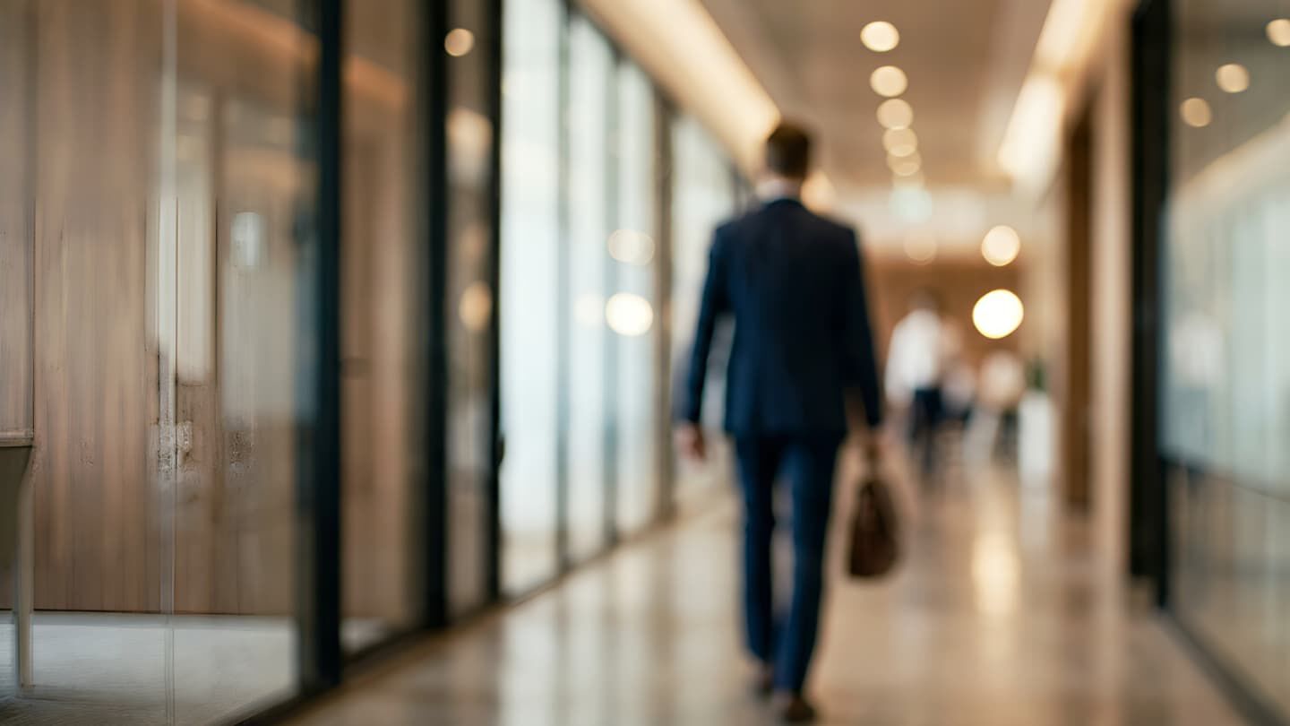 blurry image of a man walking down a hallway