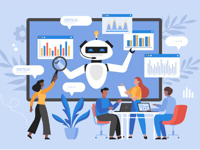 people in a meeting with a robot on screen