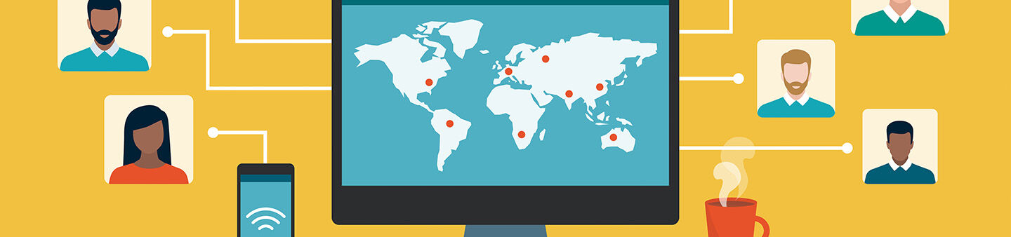 illustration of a a computer with map on it depicting many people connected virtually