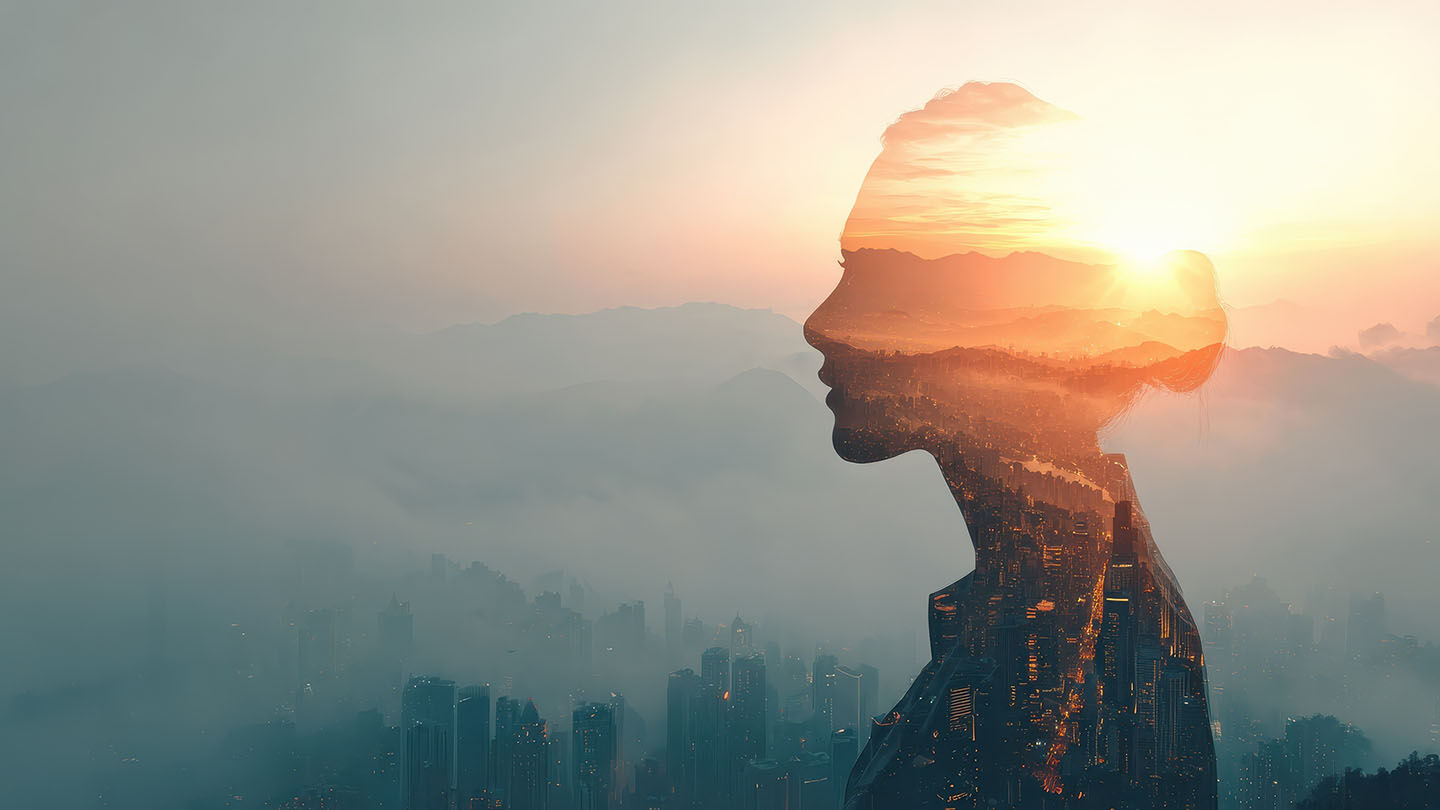 business woman on mountain top leadership and future concept abstract city background with sunlight and silhoutte