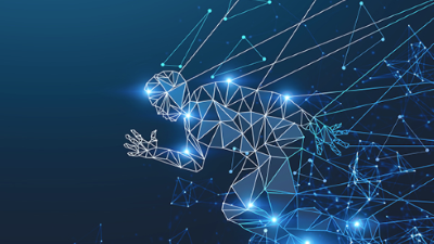 illustration of a person running in AI dots connecting everywhere