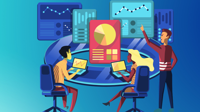 An illustration of workers in front of various data charts