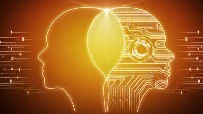 illustration of two profiles overlapping where their heads meet - one profile is filled with computer