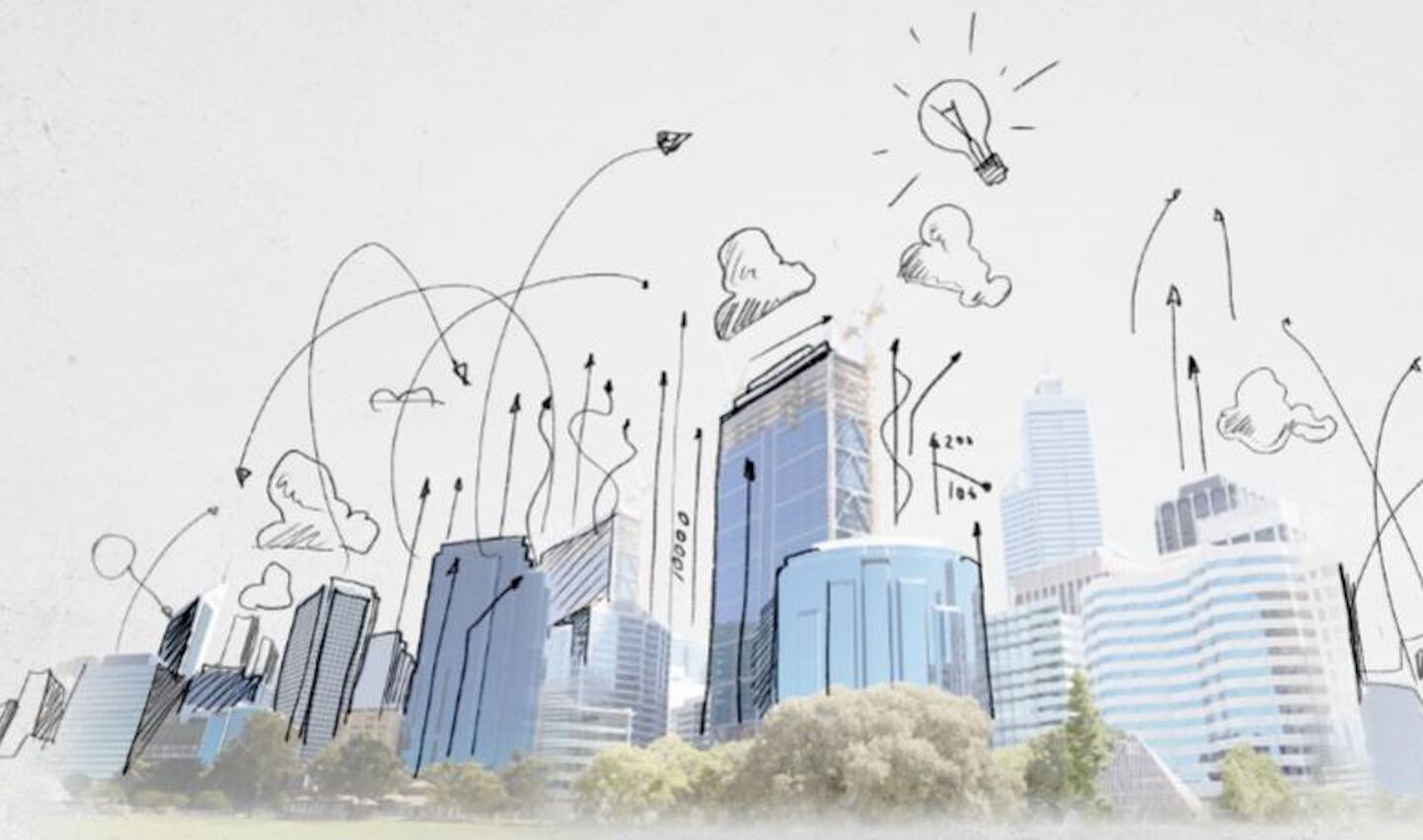 photos of city skyline with drawings overlaid 