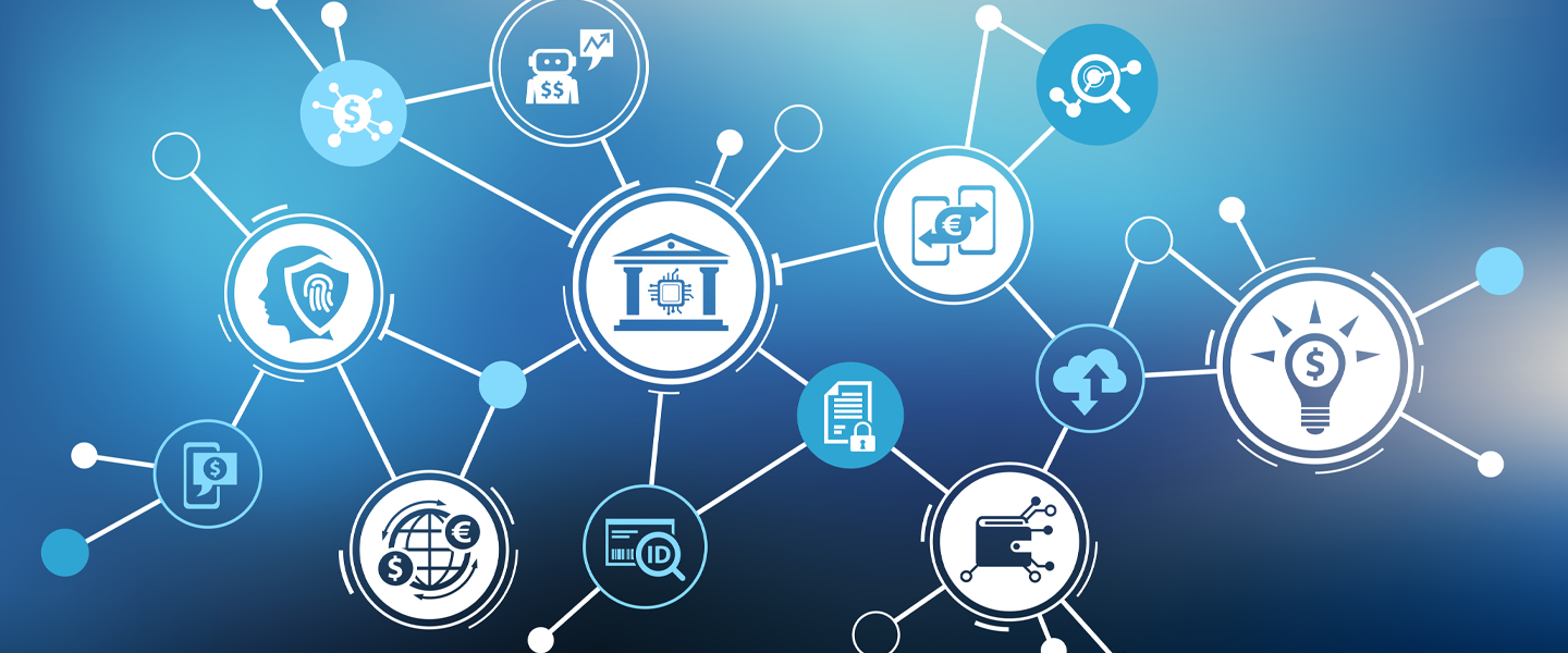 digital financial symbols against blue background