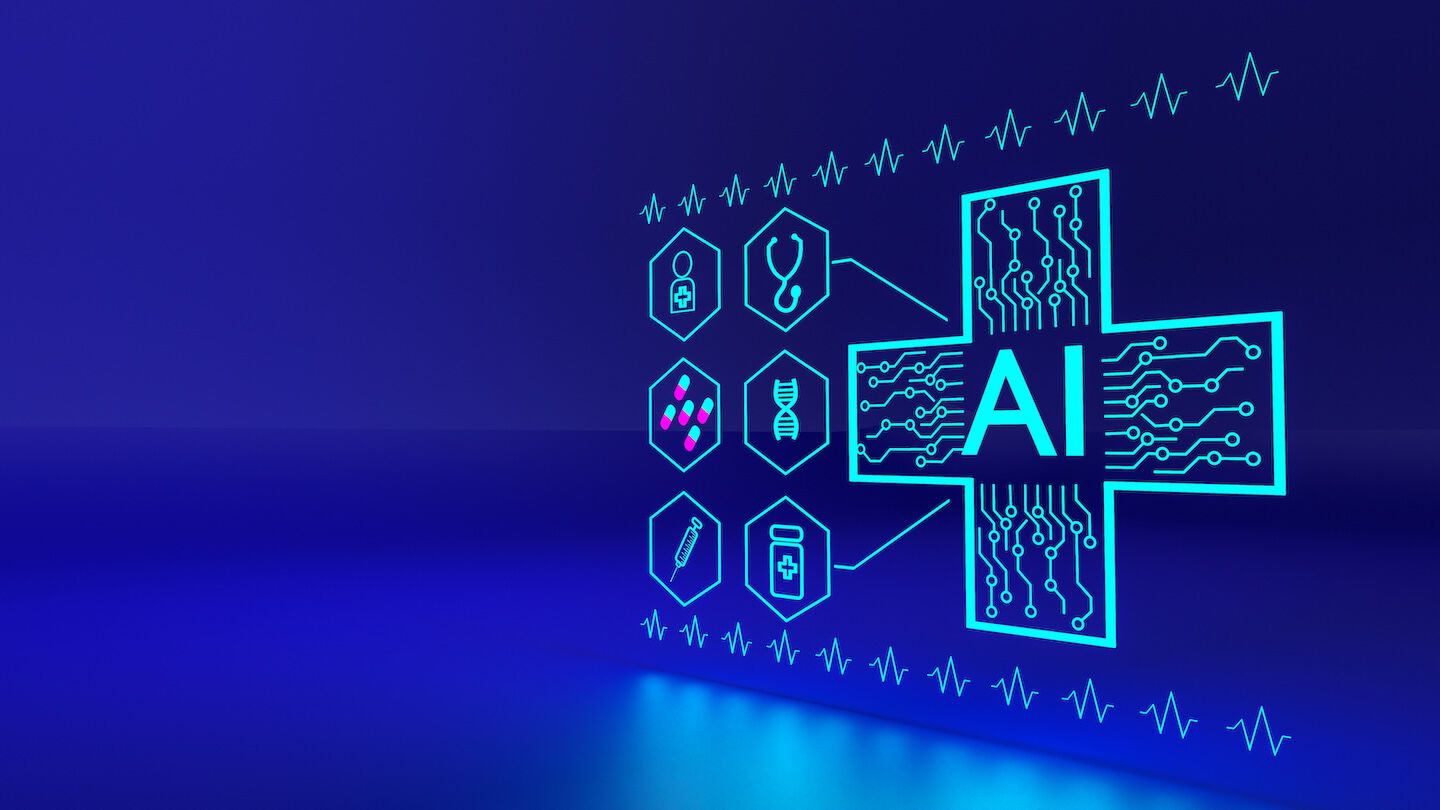 AI written in a healthcare cross, with healthcare-related icons on the side