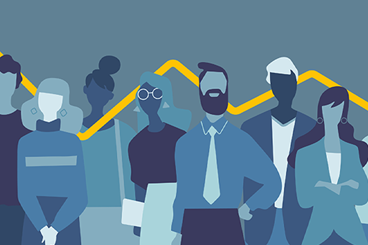 illustration of diverse group of people with a yellow line chart behind them
