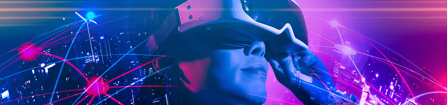 illustration in pink and purple hues of someone with a VR headset