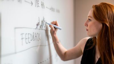 woman writing notes and concepts on a white board