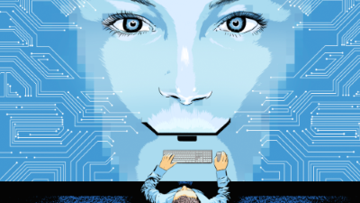 illustration of an AI face projected from a computer and a human looking at it