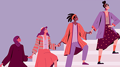 illustration of diverse women climbing steps leading each other