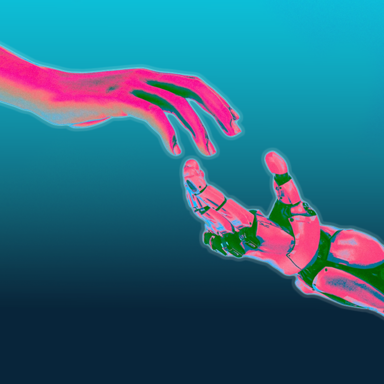 illustration of a bright pink human hand reaching for a bright pink robot hand against a teal background