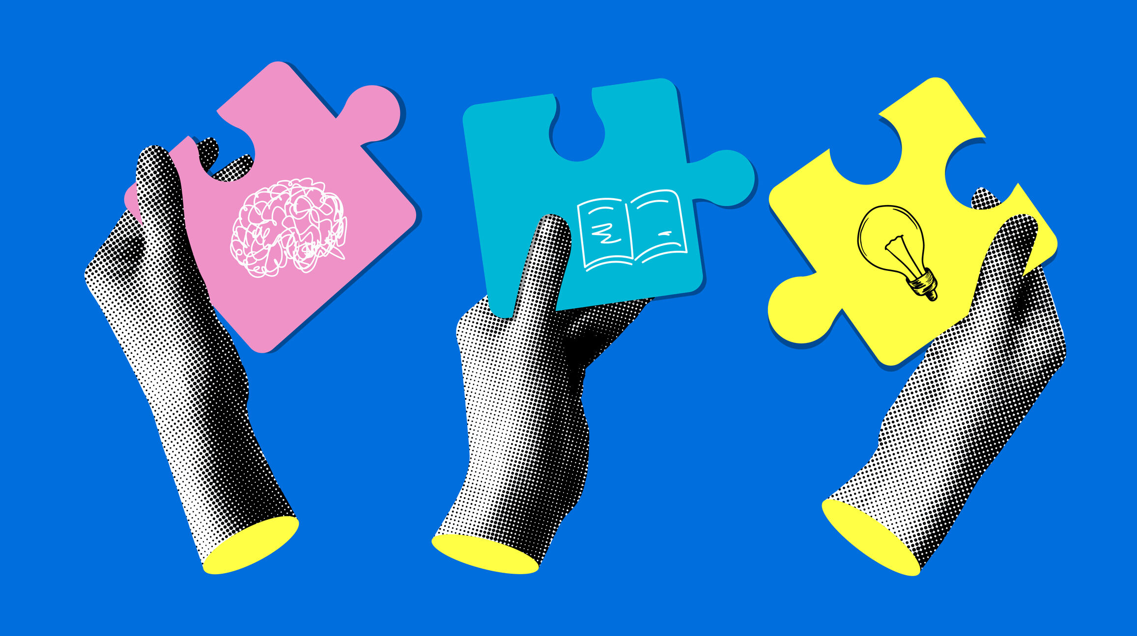 Illustrated hands holding puzzle pieces