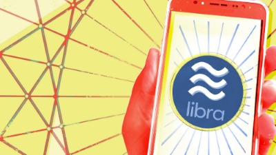 illustration of someone holding a phone displaying the Libra logo