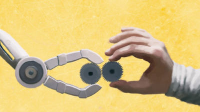 illustration of a hand and robot hand holding a pair of wheels together