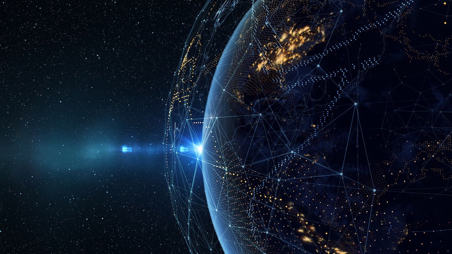 Earth from space at night with a digital communication system